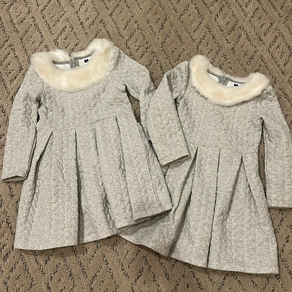 2 matching Janie and Jack gray with white fur sweater dress  soft ! Size 4